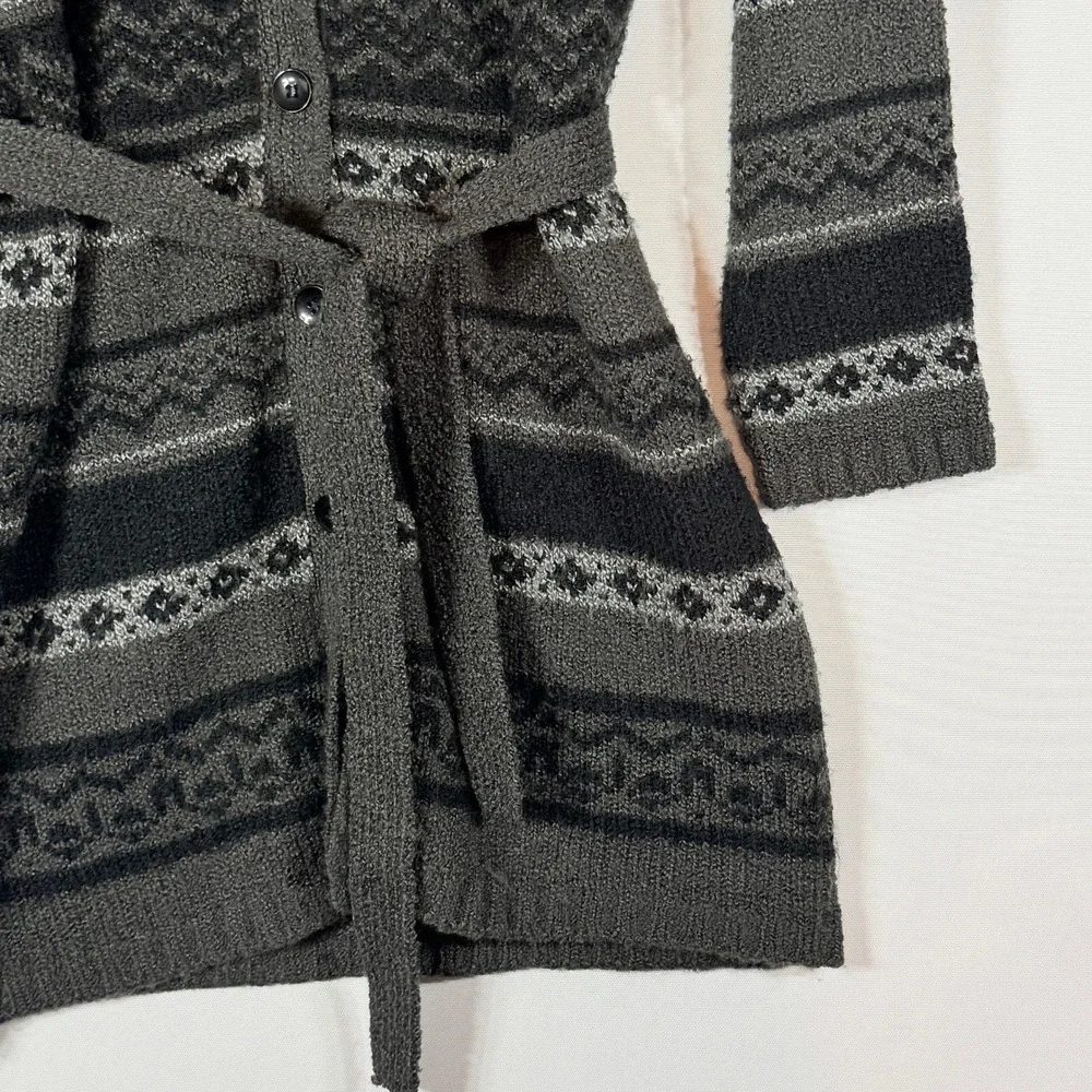 Jennifer Moore Womens‎ Medium Sweater Grey Fair Isle Longline Belted Grandpacore